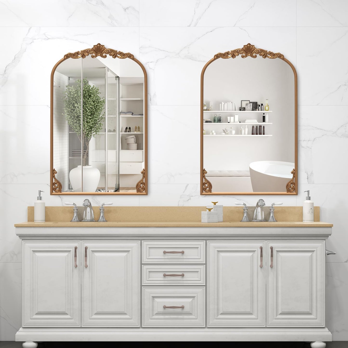 Decorative Wall Mirror, Baroque Ornate Arched Mirror with Hanging Hooks