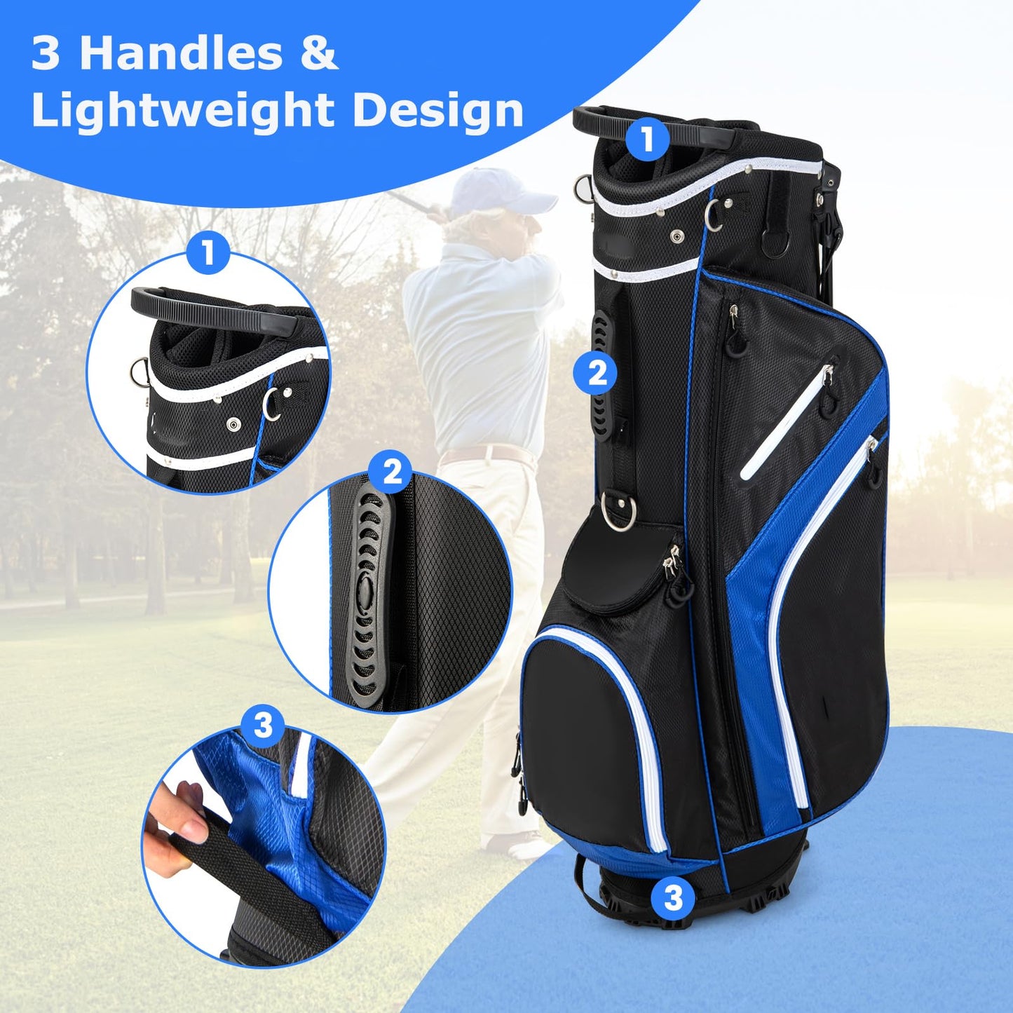 Golf Stand Bag wIth 14 Way Top Dividers 6 Pockets Cooler Bag Dual Strap and Rain Hood