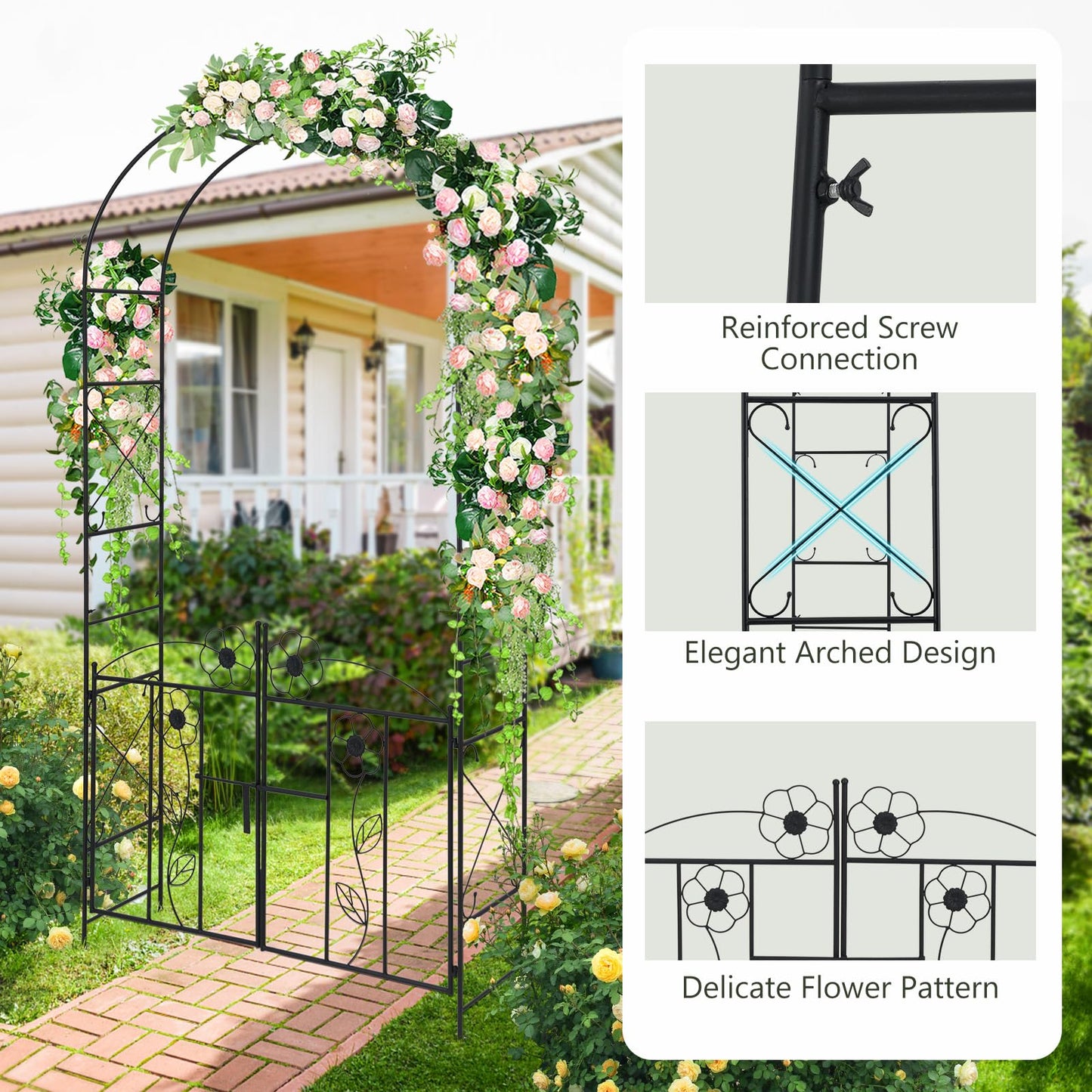 Garden Arch with Gate, Metal Pergola Arbor Trellis for Climbing Plant Rose Vines