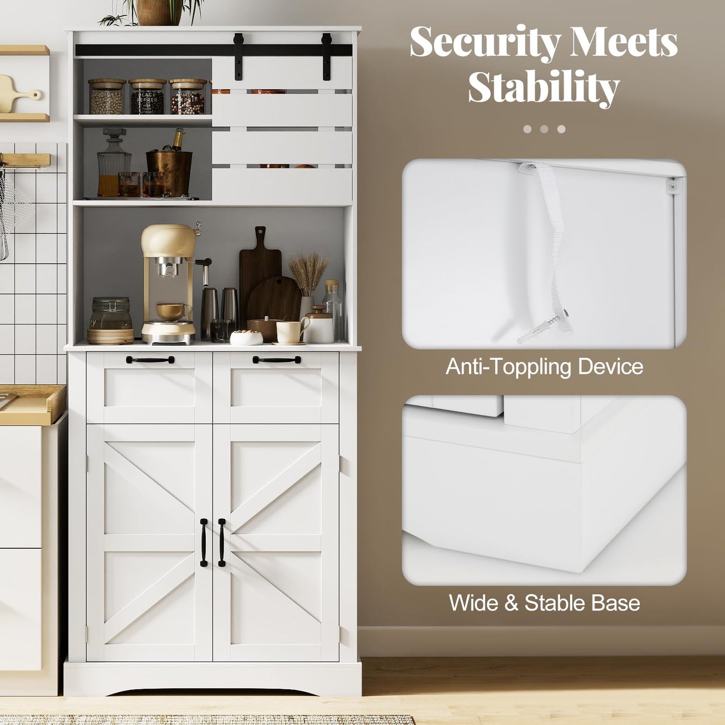 Kitchen Pantry Cabinet with Power Outlet Tall Coffee Bar Cabinet with Doors Drawers and Adjustable Shelf