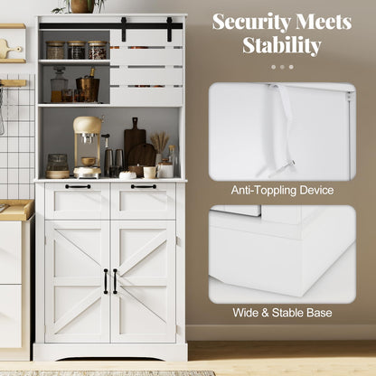 Kitchen Pantry Cabinet with Power Outlet Tall Coffee Bar Cabinet with Doors Drawers and Adjustable Shelf