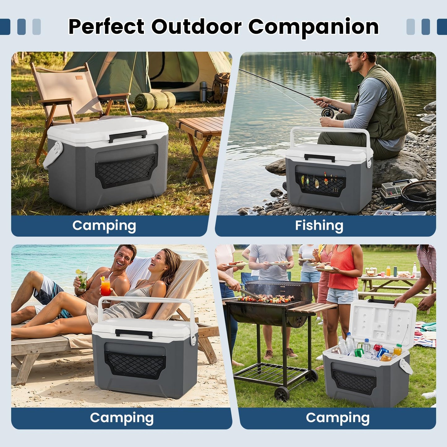 Insulated Cool Box, Ice Chest Box | Cup Holders, Drain Plug & Mesh Storage Pocket