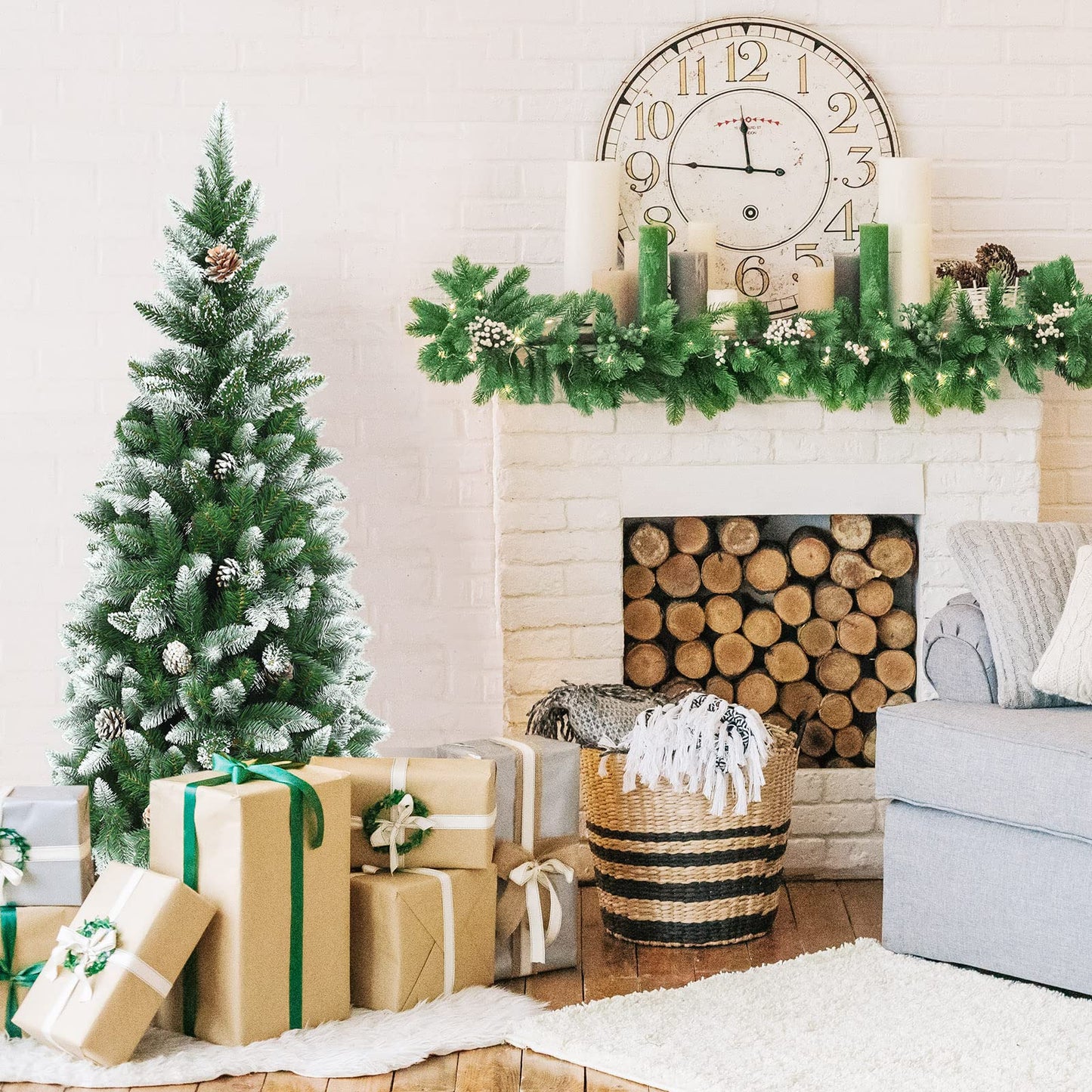 Snow-Flocked Pencil Hinged Artificial Christmas Tree with Pine Cones