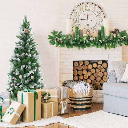 Snow-Flocked Pencil Hinged Artificial Christmas Tree with Pine Cones