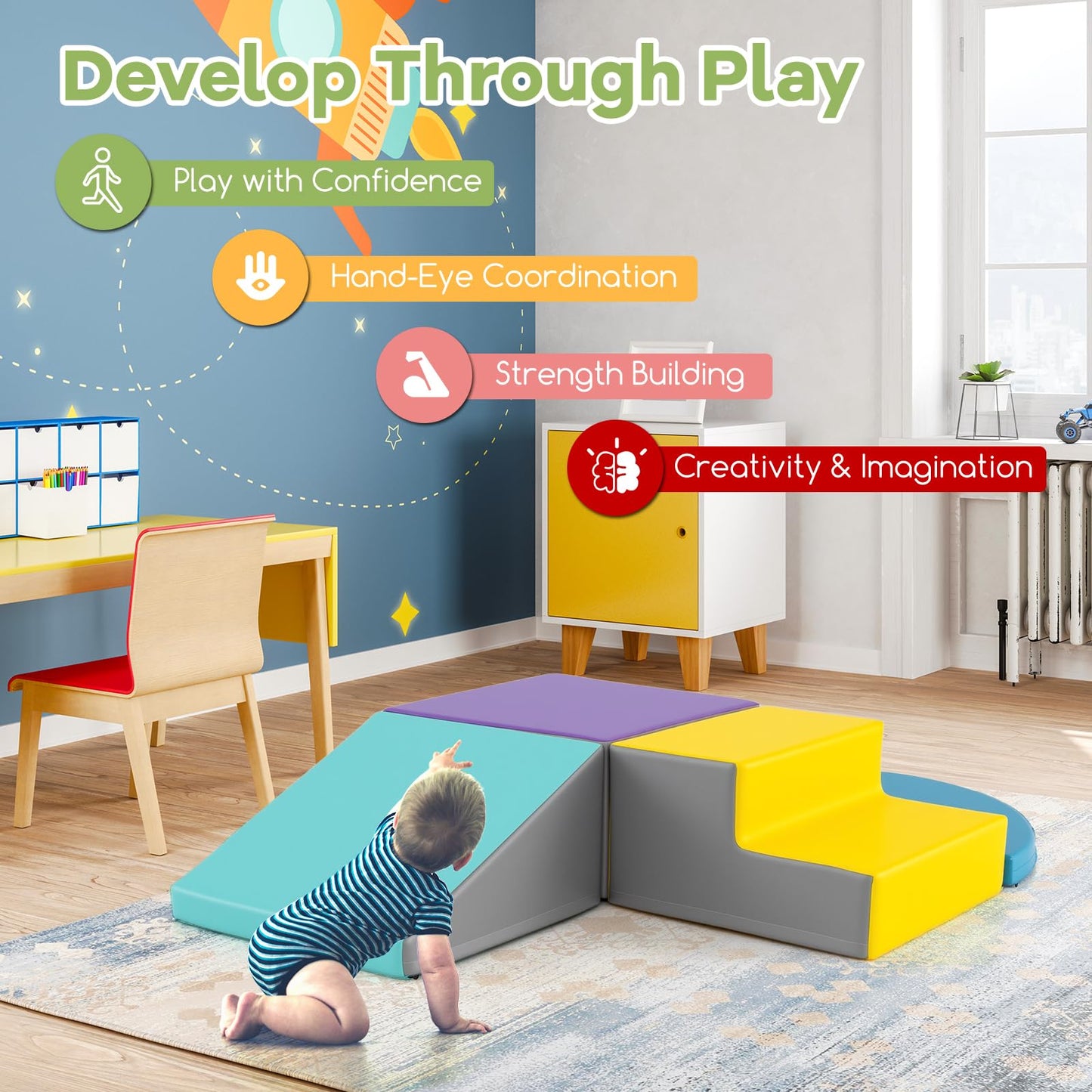 4-Piece Climb and Crawl Foam Block Play Set for Infant Baby