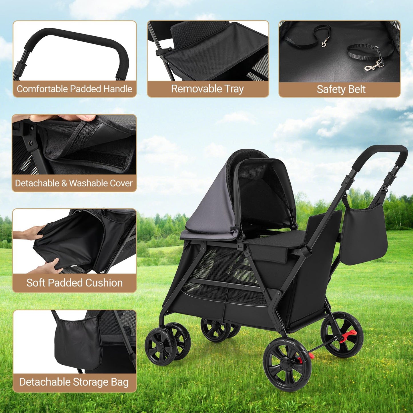 Foldable Dog Pushchair Cat Pram with Dual Entry for Dogs Cats