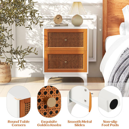 Boho Accent Table with 2 Handwoven Rattan Decorated Drawers