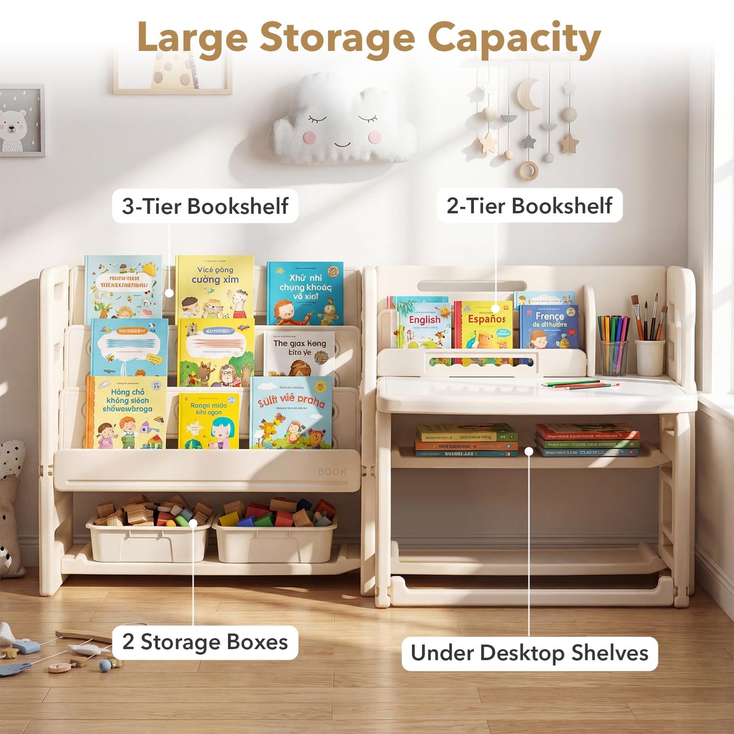 Kids Desk and Chair Set with Side Bookshelves and Whiteboard