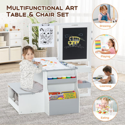 Kids Art Easel Table and Bench Set with Adjustable Easel and Bookshelf