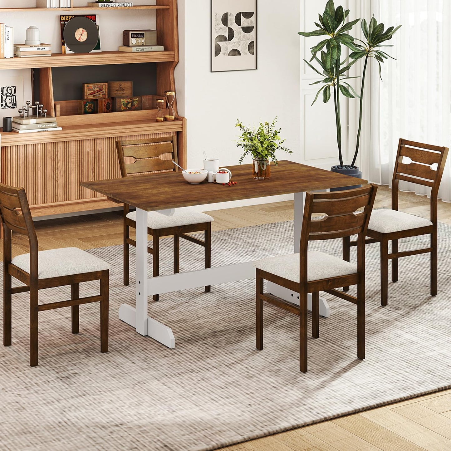 Dining Table for 4-6 People Rectangular Kitchen Table with Solid Wood Trestle Base