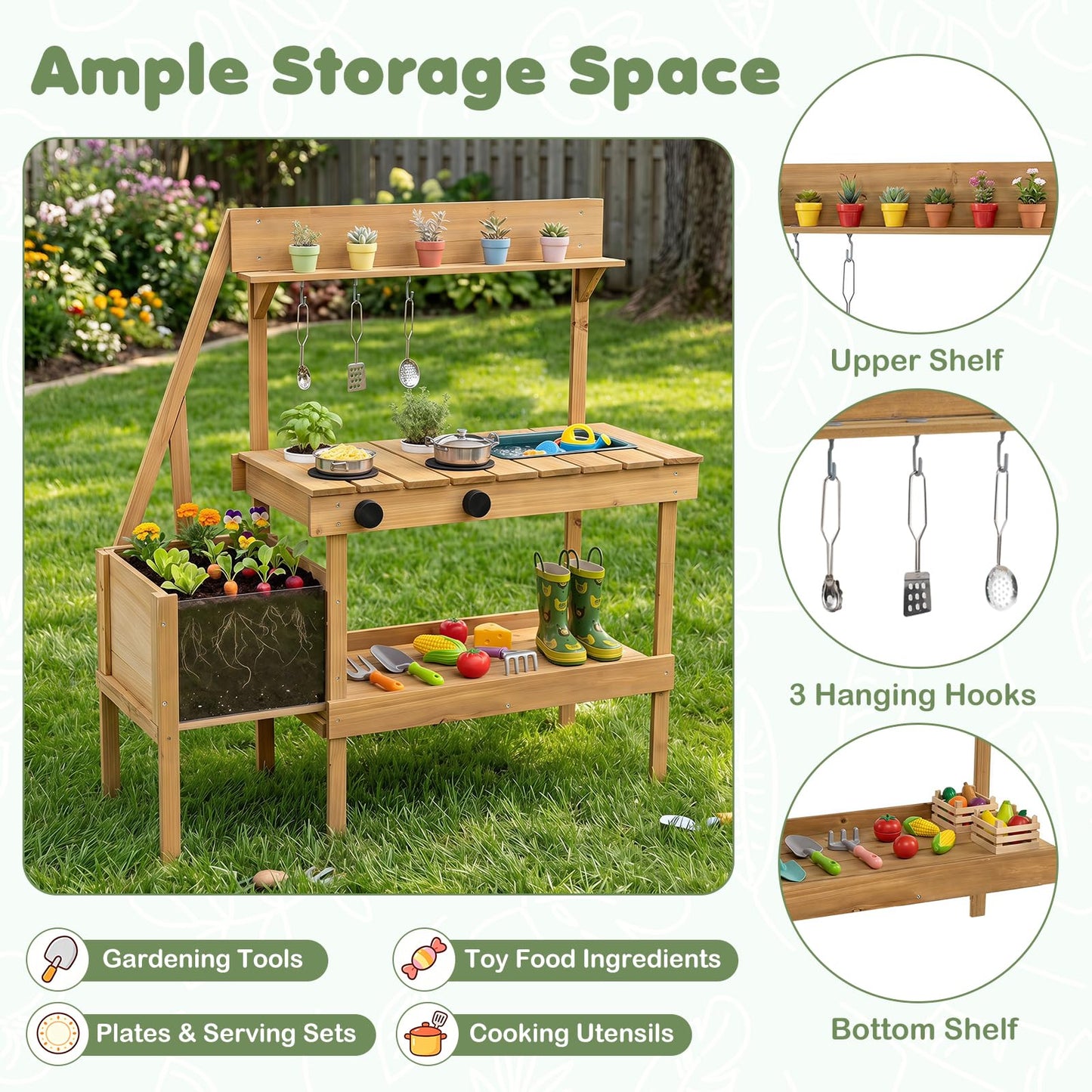 Wooden Chef Pretend Kitchen Playset with Planter Box, Stoves, Sink