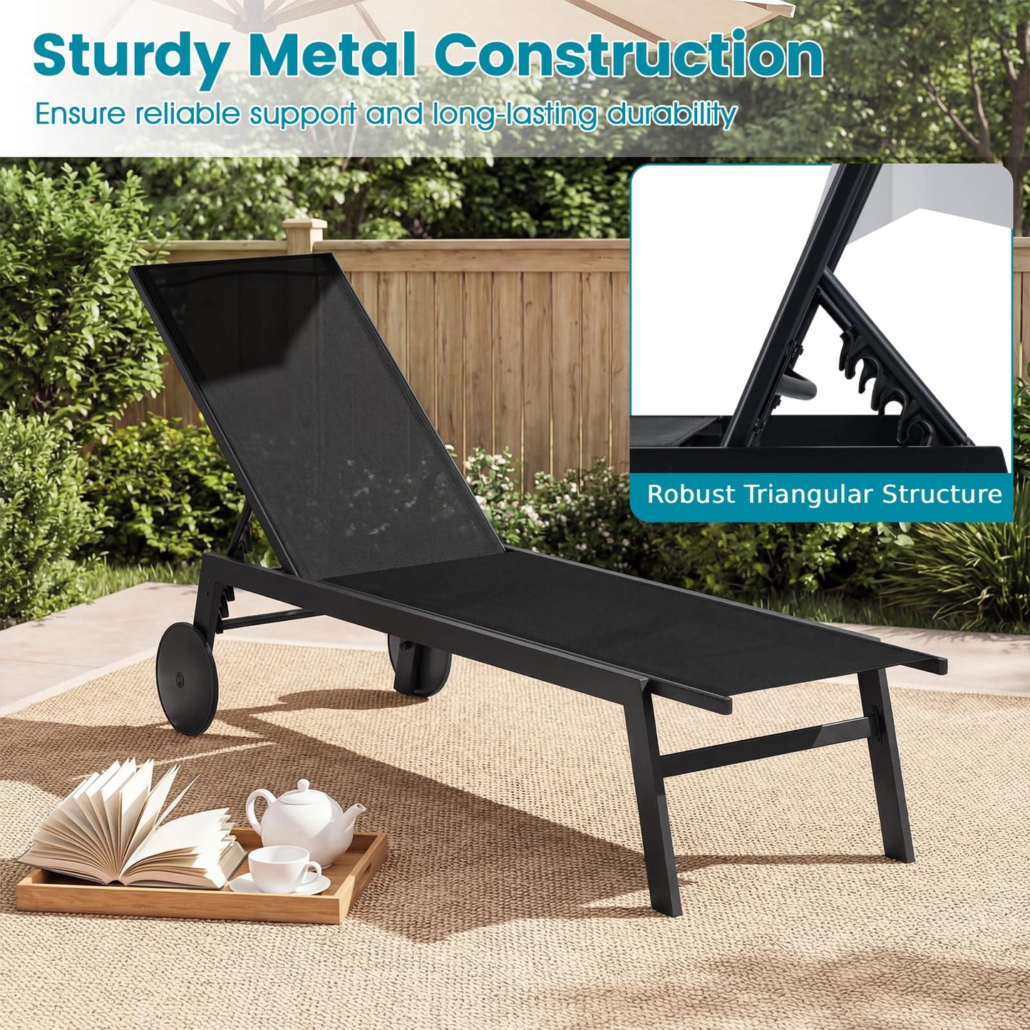 Patio Chaise Lounge Chair with Wheels Outdoor Recliner with 6-Level Adjustable Backrest