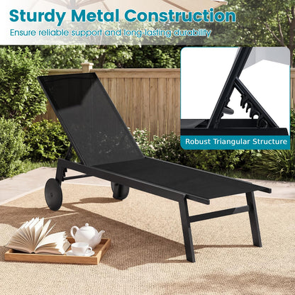 Patio Chaise Lounge Chair with Wheels Outdoor Recliner with 6-Level Adjustable Backrest