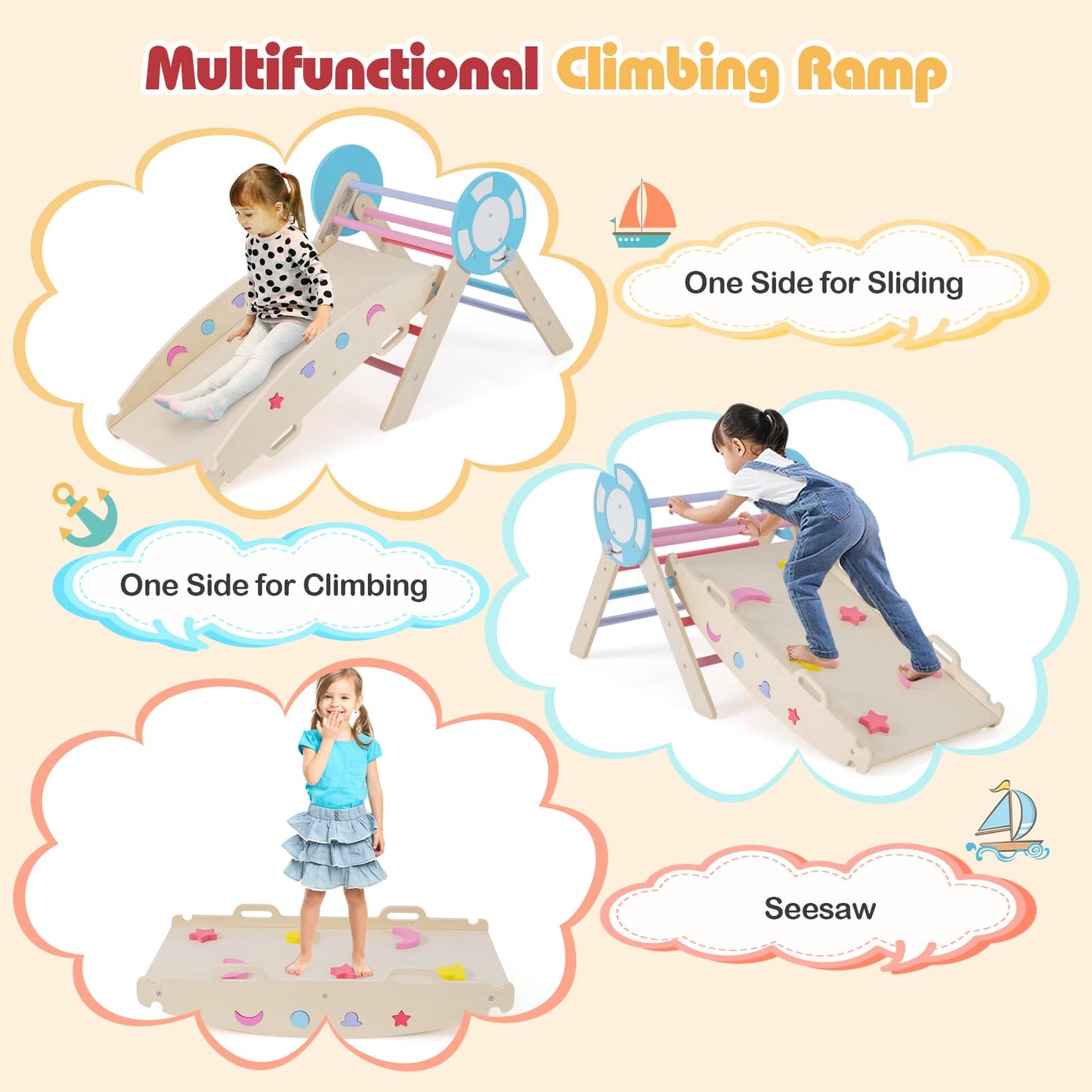 7 in 1 Kids Climbing Frame, Wooden Toddler Climbing Set with Reversible Ramp