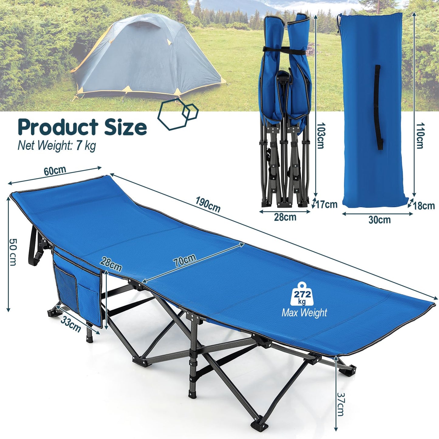 28" Extra Wide Portable Camping Bed Cot with Side Pocket & Carry Bag