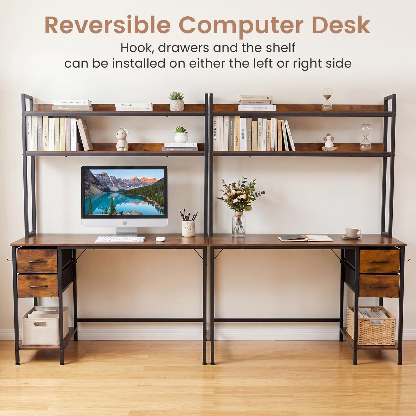 Computer Desk with Hutch, Reversible Executive Writing Workstation PC Laptop Table