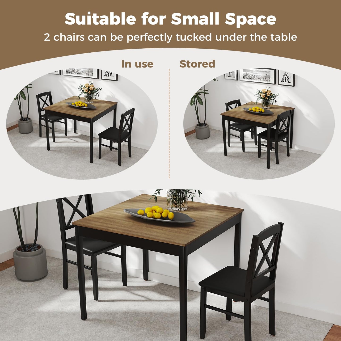 3 Piece Dining Table Set, Square Breakfast Kitchen Table and Chairs