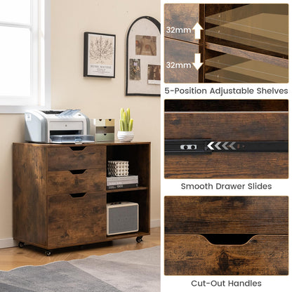 Mobile File Cabinet with 3 Pull-out Drawers and Adjustable Shelf