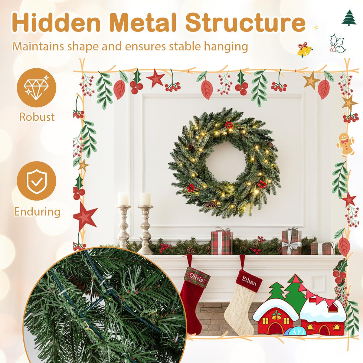 60cm/24inch Pre-Lit Christmas Wreath with LED Lights