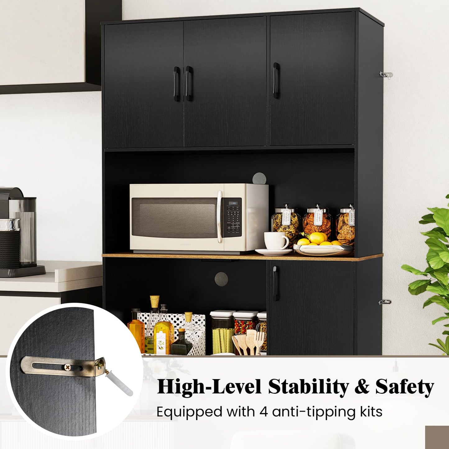 180 cm Tall Pantry Cabinet with Power Outlet and Microwave Stand