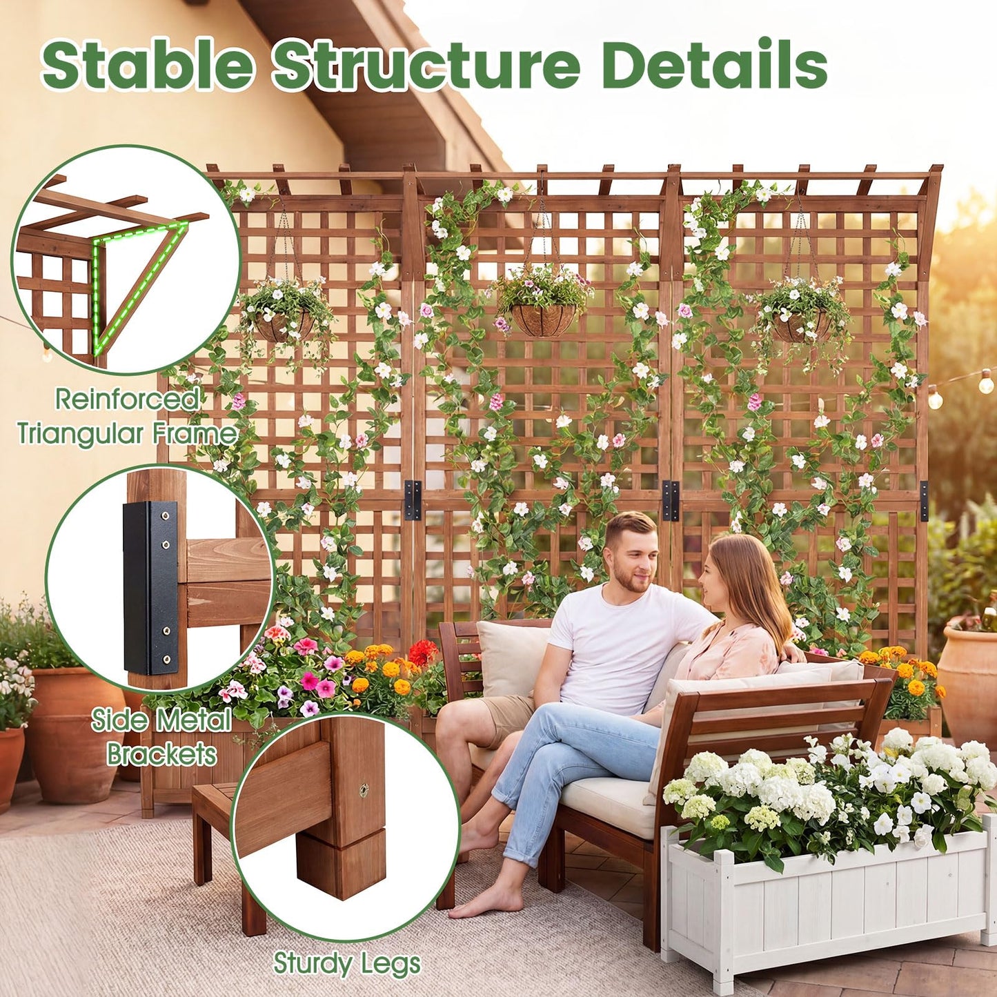 Raised Garden Bed with Trellis, Wooden Trough Planter, Outdoor Garden Weather-Resistant Plant Rack for Vines