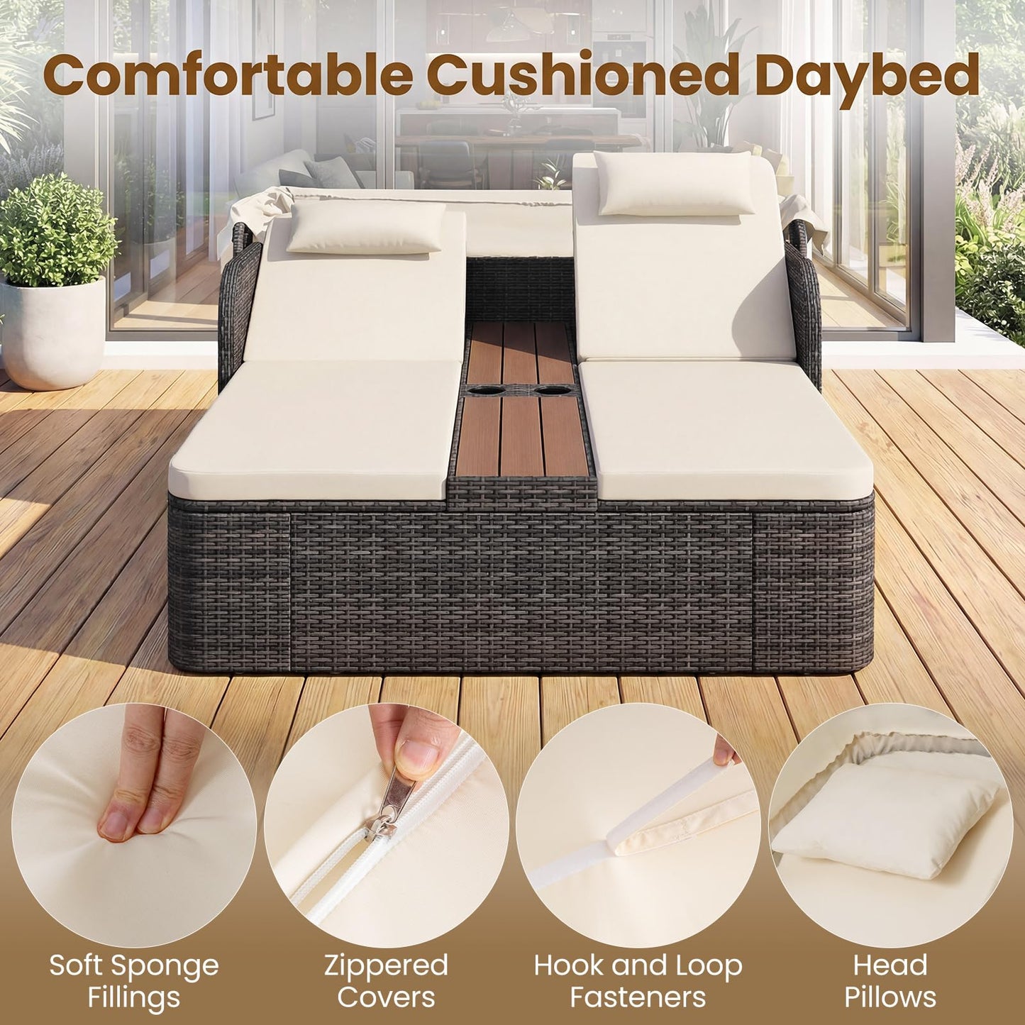 Garden Daybed, 2 Seater Rattan Sofa Sun Lounger with Canopy