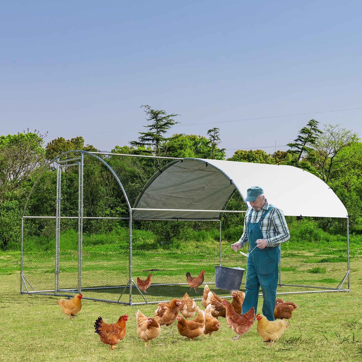 3.8 x 2.8 x 2m Galvanized Chicken Coop Hen House with Waterproof & Sun-protective Cover