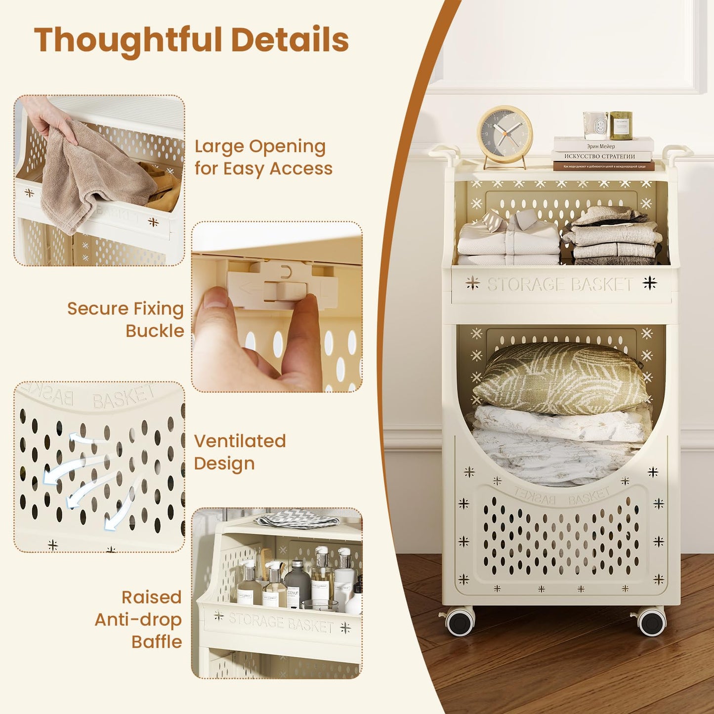 3/4-Tier Laundry Basket Trolley on Wheels, Foldable Laundry Hamper Cart