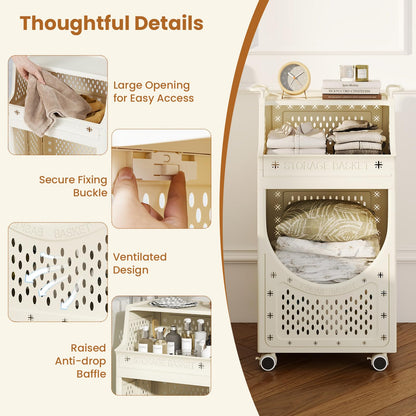 3/4-Tier Laundry Basket Trolley on Wheels, Foldable Laundry Hamper Cart