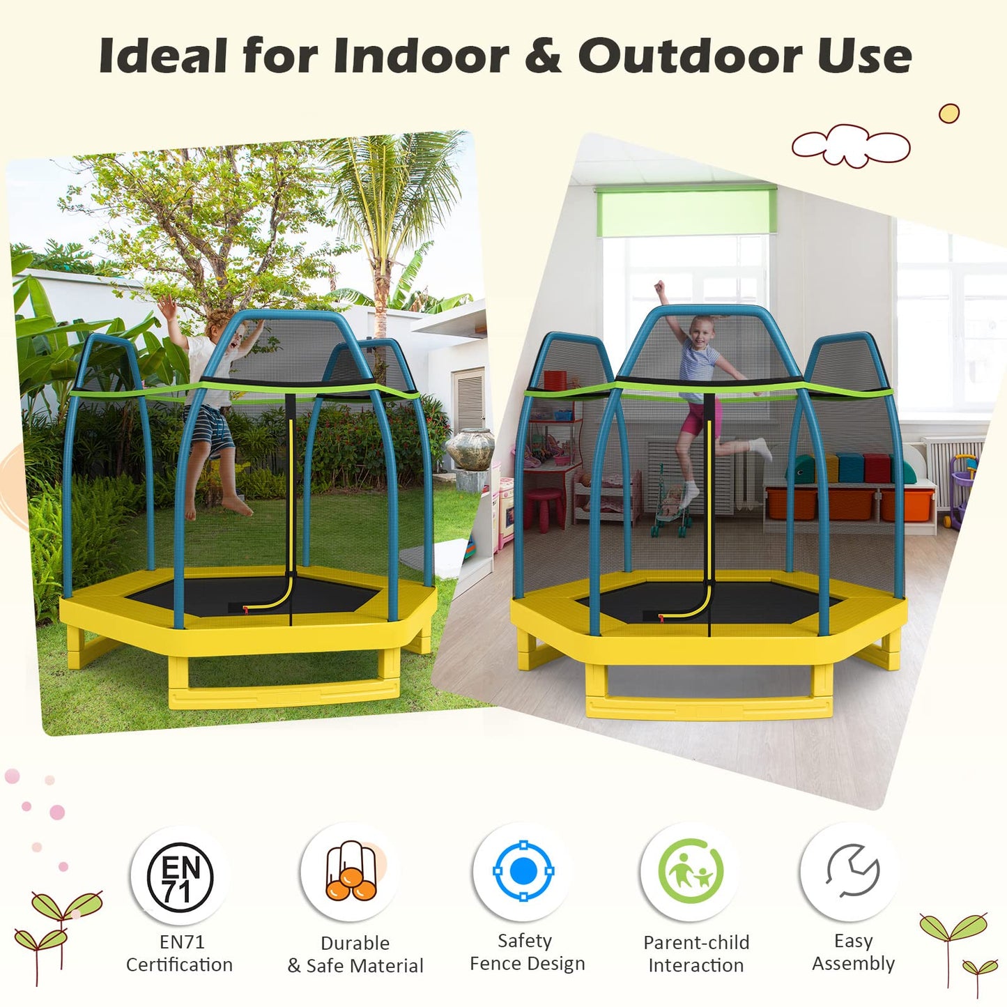7ft Kids Trampoline  Heavy Duty Hexagonal Trampolines with Safety Enclosure Net