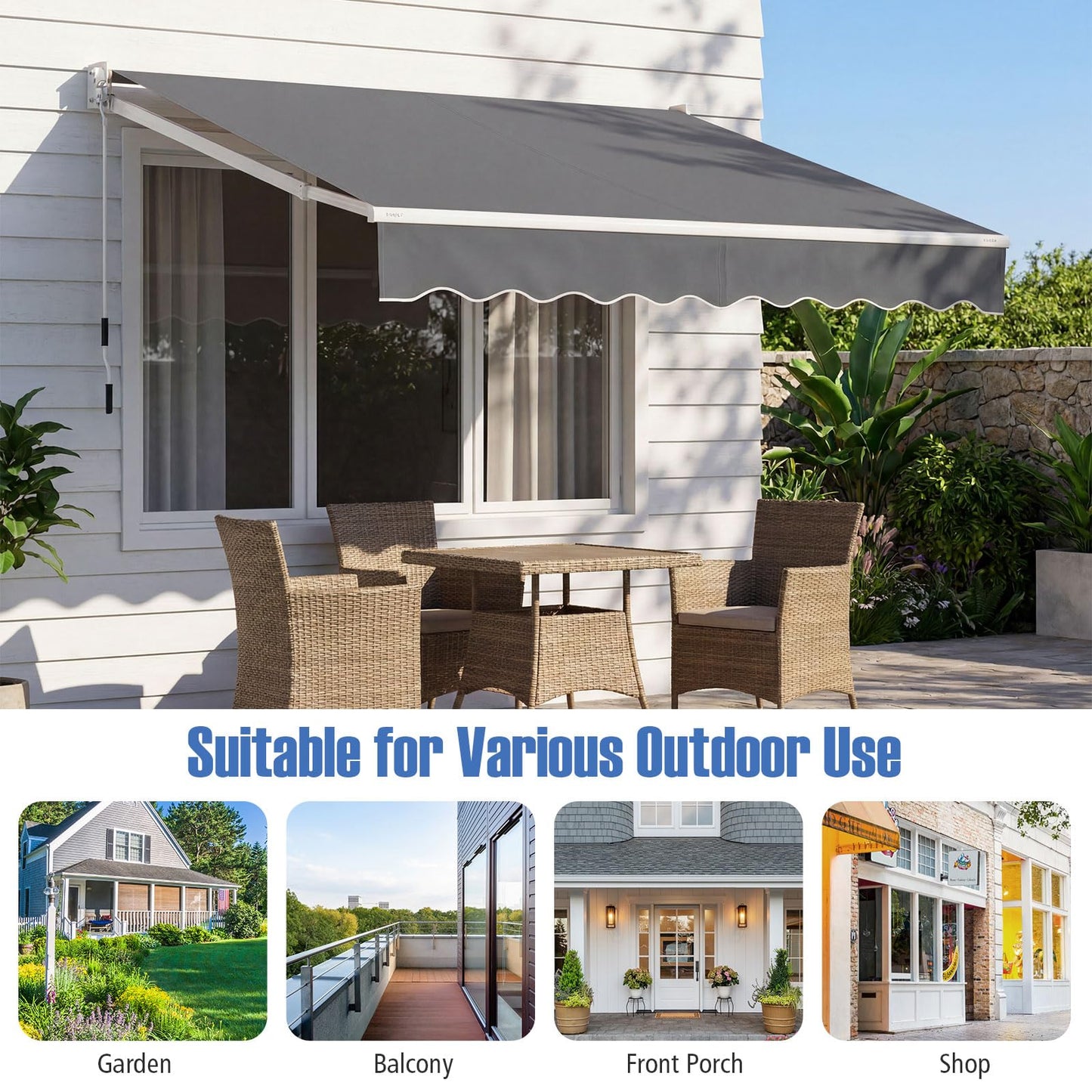 Retractable Manual Awning, Anti-UV and Waterproof Garden Patio Canopy with Fittings