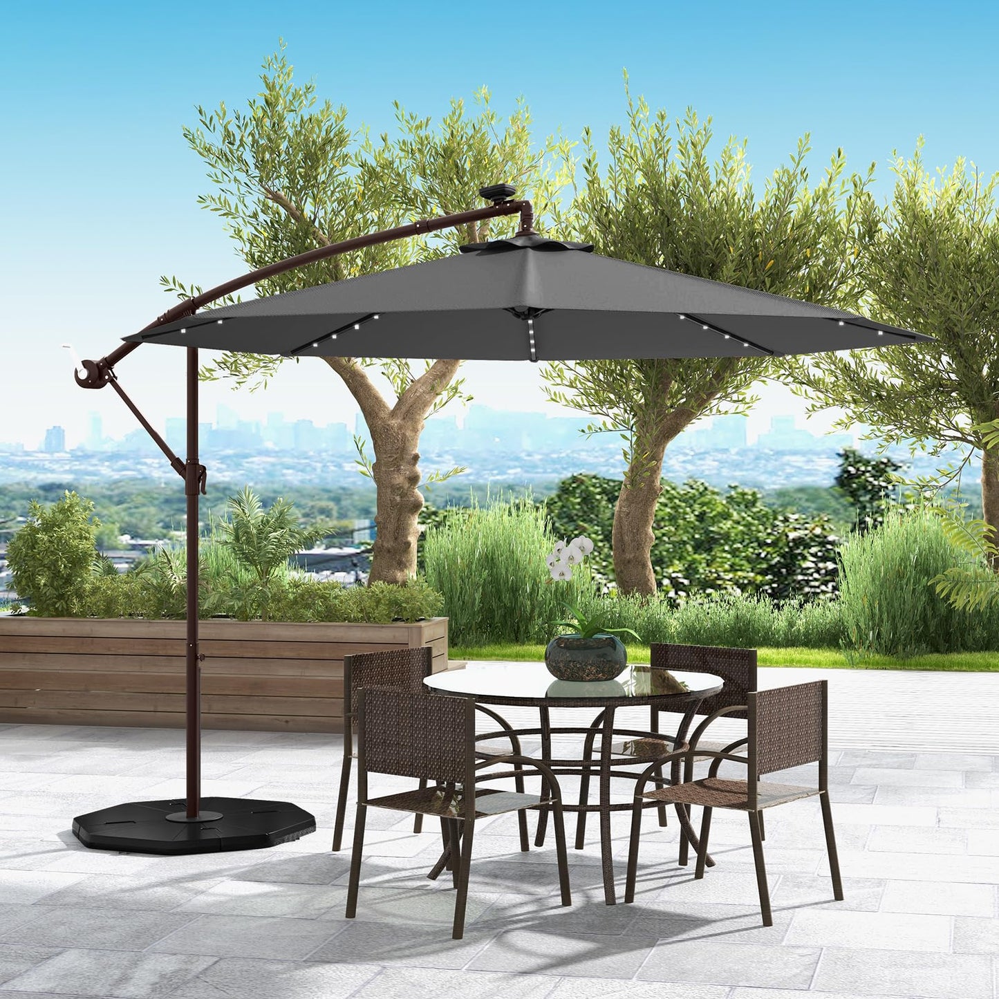 294 cm Solar Patio Offset Umbrella Cantilever Umbrella with 40 LED Lights
