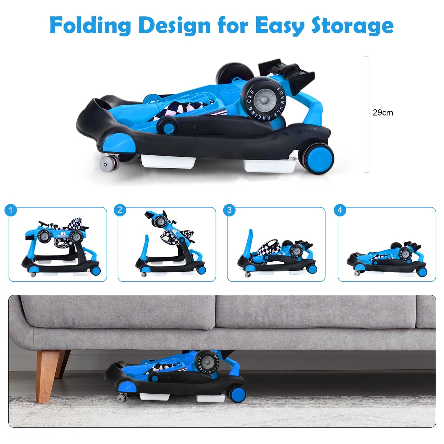 Foldable Push Along Walkers with Adjustable Height & Speed, Music, Lights
