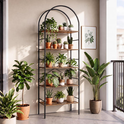 5-Tier Arched Bookshelf, Metal Frame Bookcase Shelving Unit, Freestanding Display Storage Organizer
