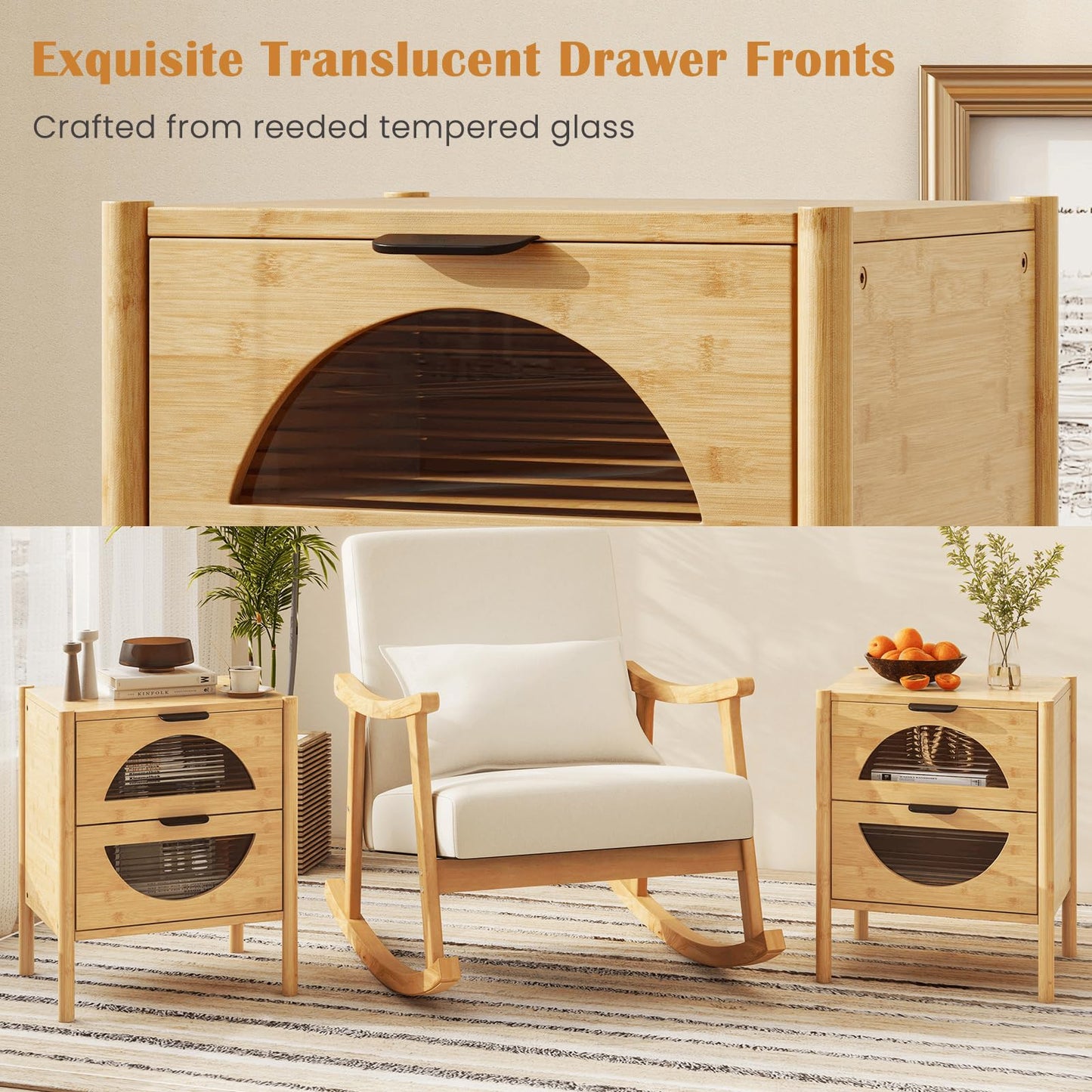 Bamboo Nightstand Mid-century Modern Bedside Table with 2 Storage Drawers