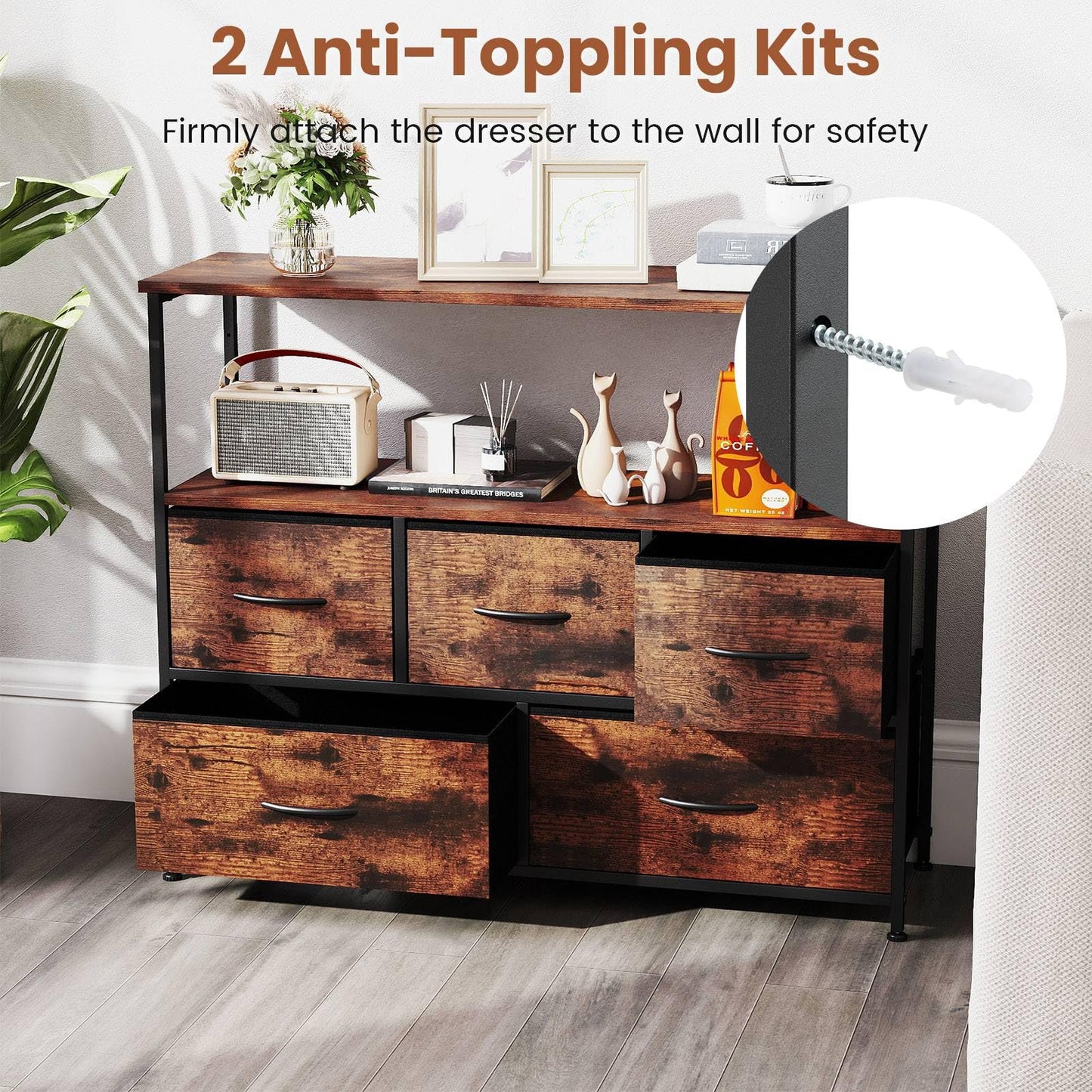 Chest of Drawers, Fabric 5-Drawer Dresser Chest Cabinet with 2 Wooden Open Shelves