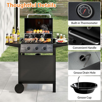 3-Burner Propane Gas Grill 24,000 BTU Portable with Lid and Side Tables