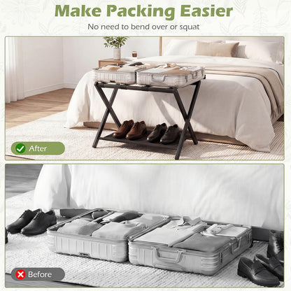 Set of 2 Bamboo Luggage Racks with Nylon Straps and Oxford Cloth Storage Shelves