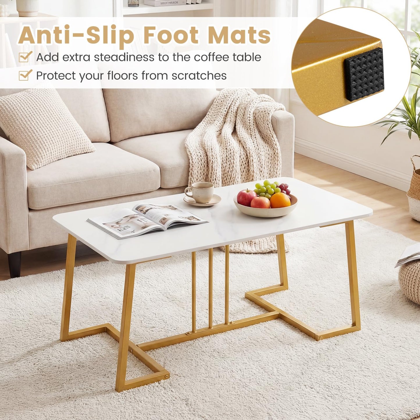 Coffee Table for Living Room, 90cm Marble Effect Center Table