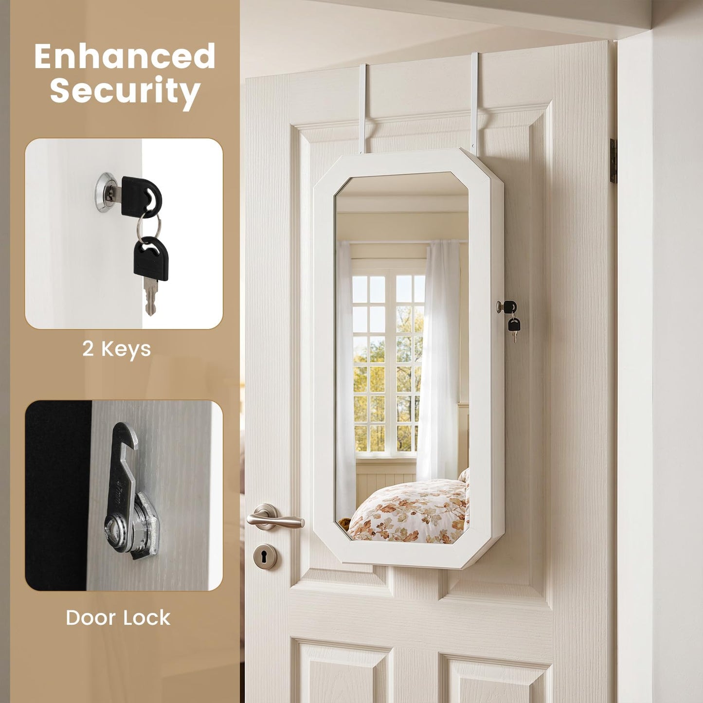 Lockable Full-Length Mirror Jewelry Cabinet with Storage Shelves for Bedroom