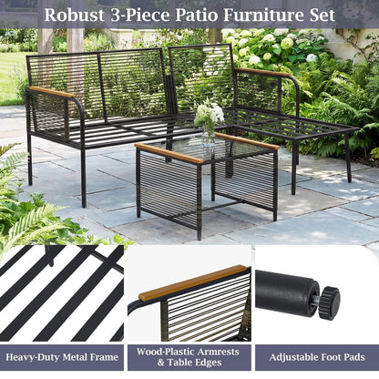 3 Pieces Wicker Furniture Set with Tempered Glass Side Table