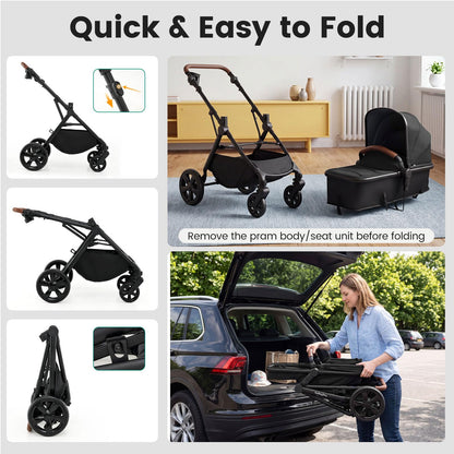 2-in-1 Convertible Baby Stroller with Car Seat Adapters High Landscape Folding Newborn Pram Stroller