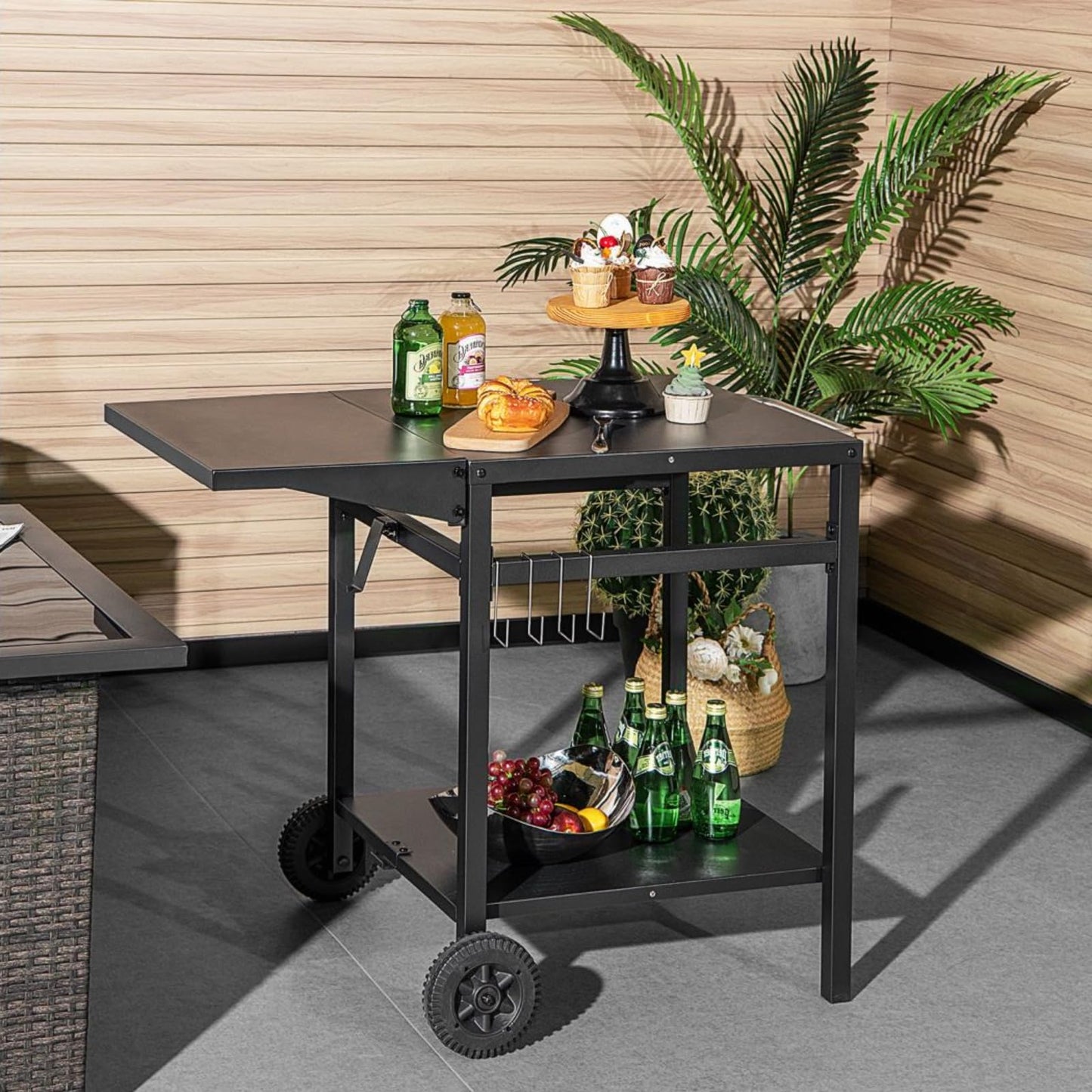 Movable Dining Cart Table Trolley with Folding Tabletop for BBQ Grill