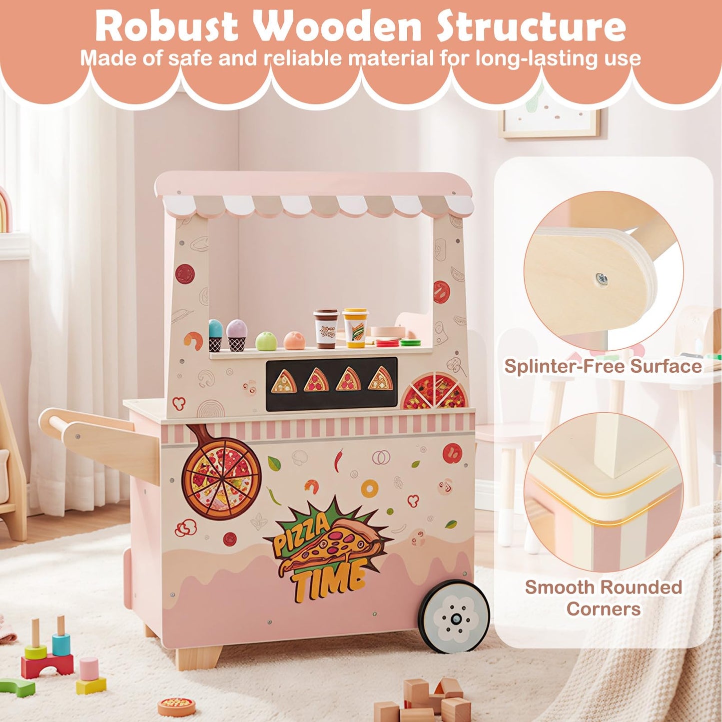 Kids Pizza Food Truck Wooden Pretend Play Snack Cart with Oven