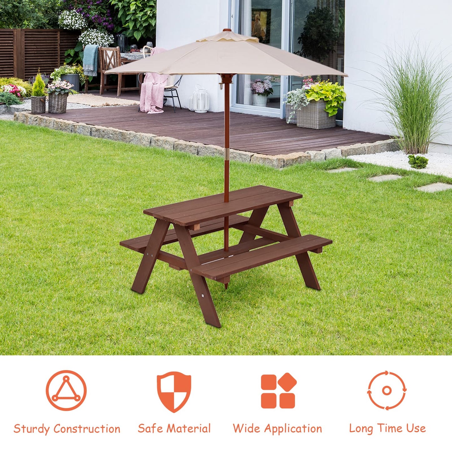 Children's Garden Picnic Table Bench with Sun Umbrella