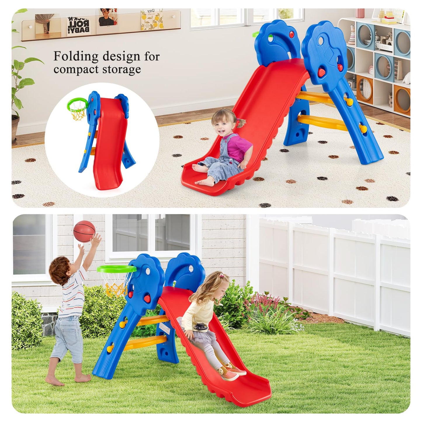 3 in 1 Toddler Slide with Basketball Hoop for Indoor and Outdoor Playground