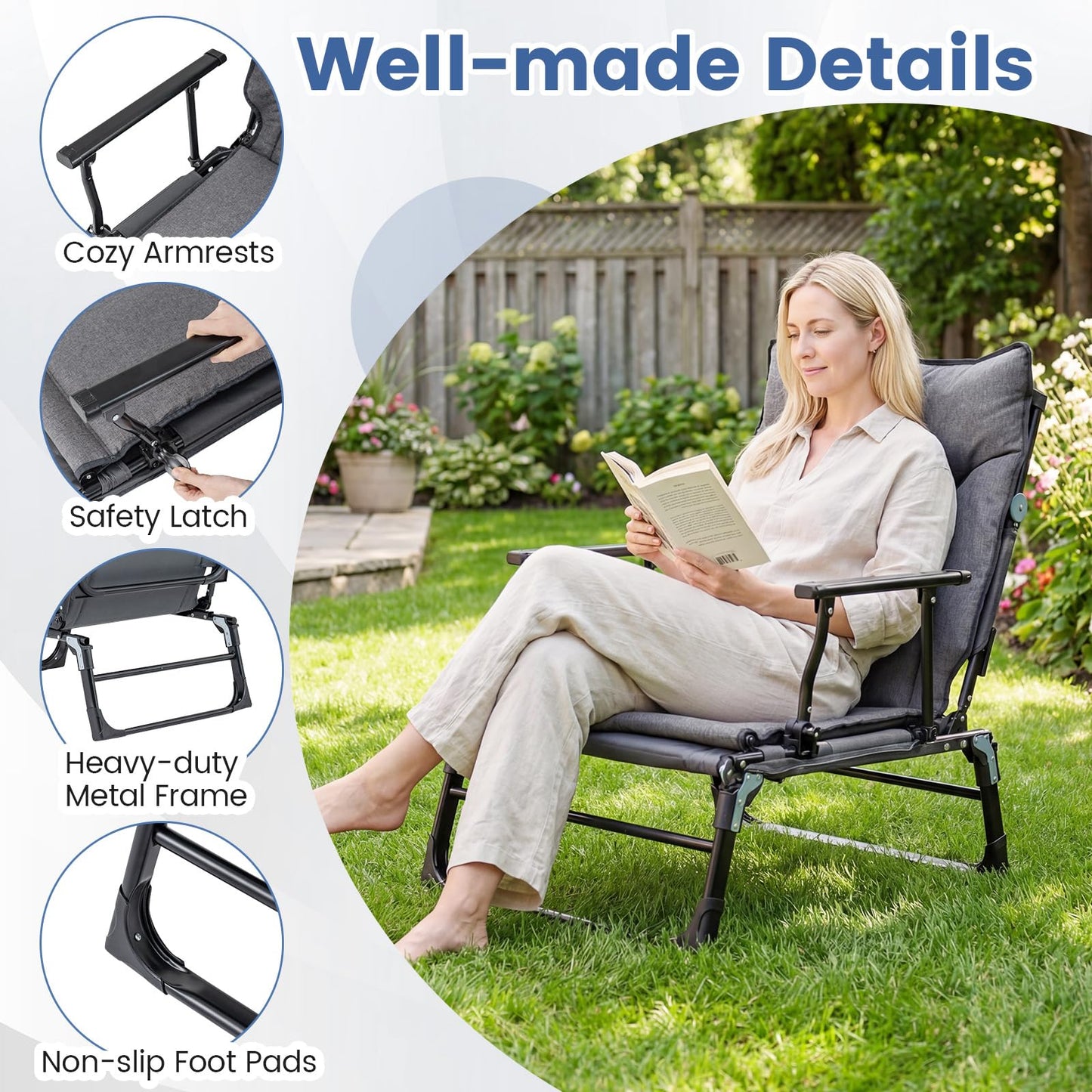 3-in-1 Folding Camping Cot Convertible Heavy Duty Metal with Adjustable Backrest
