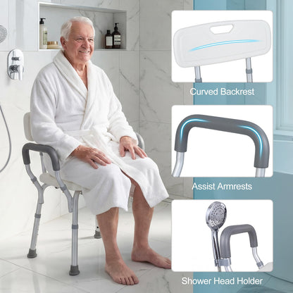 Shower Chair with Back and Arms, 6 Height Adjustable Bath Seat Shower Stool
