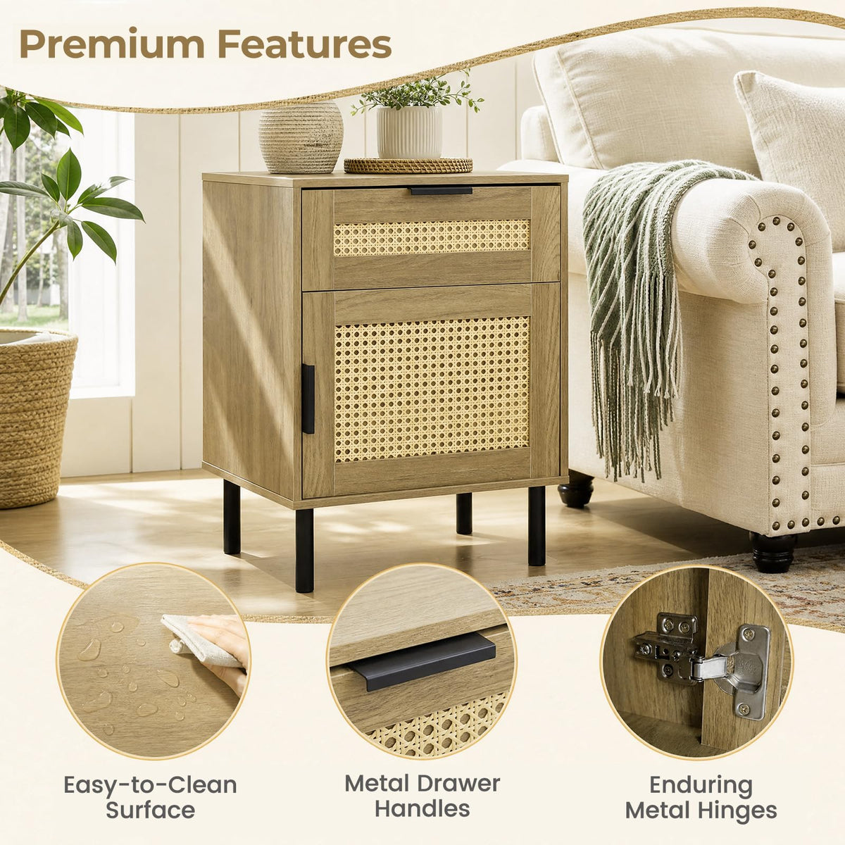 Rattan Bedside Table, End Sofa Side Table with Drawer
