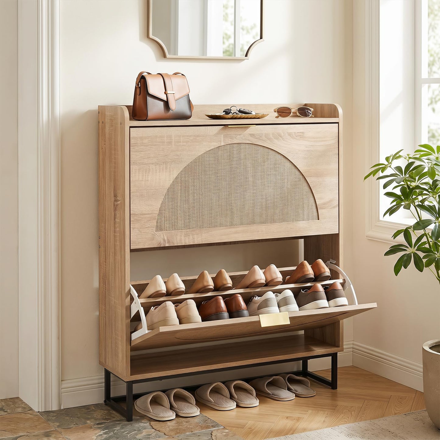 24cm Narrow Shoe Cabinet with 2 Rattan Flip Drawers